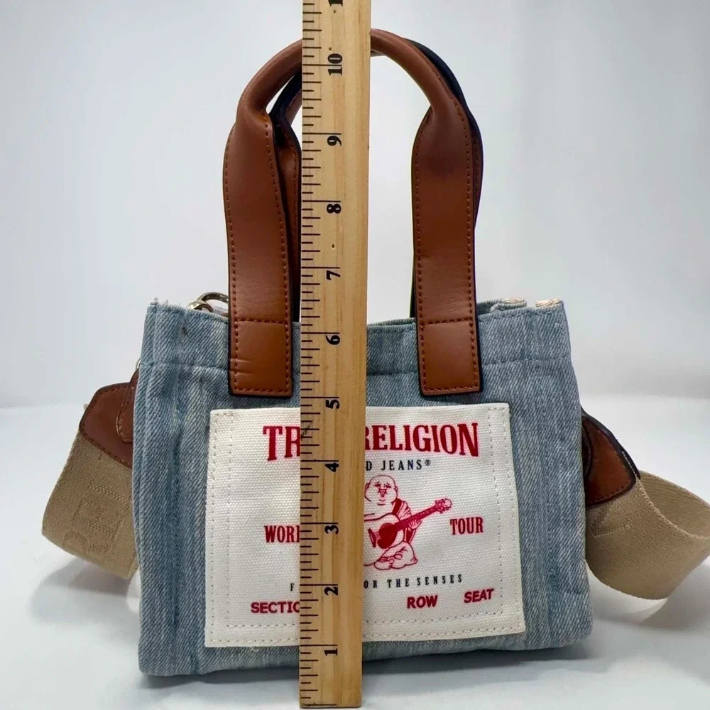 True Religion World Tour Mini Tote Crossbody Bag‎ Denim Buddha Logo Patch Y2K